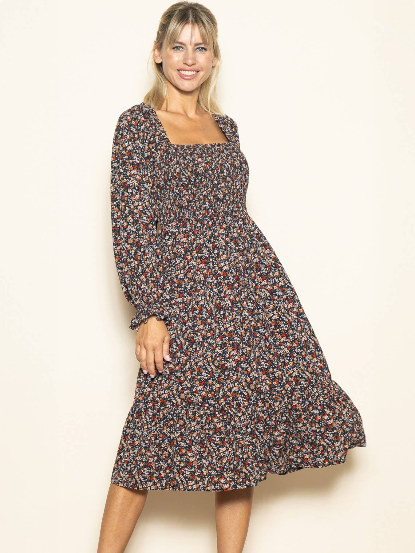 Long Sleeve Velvet Back Tie Floral Midi Dress with Pockets