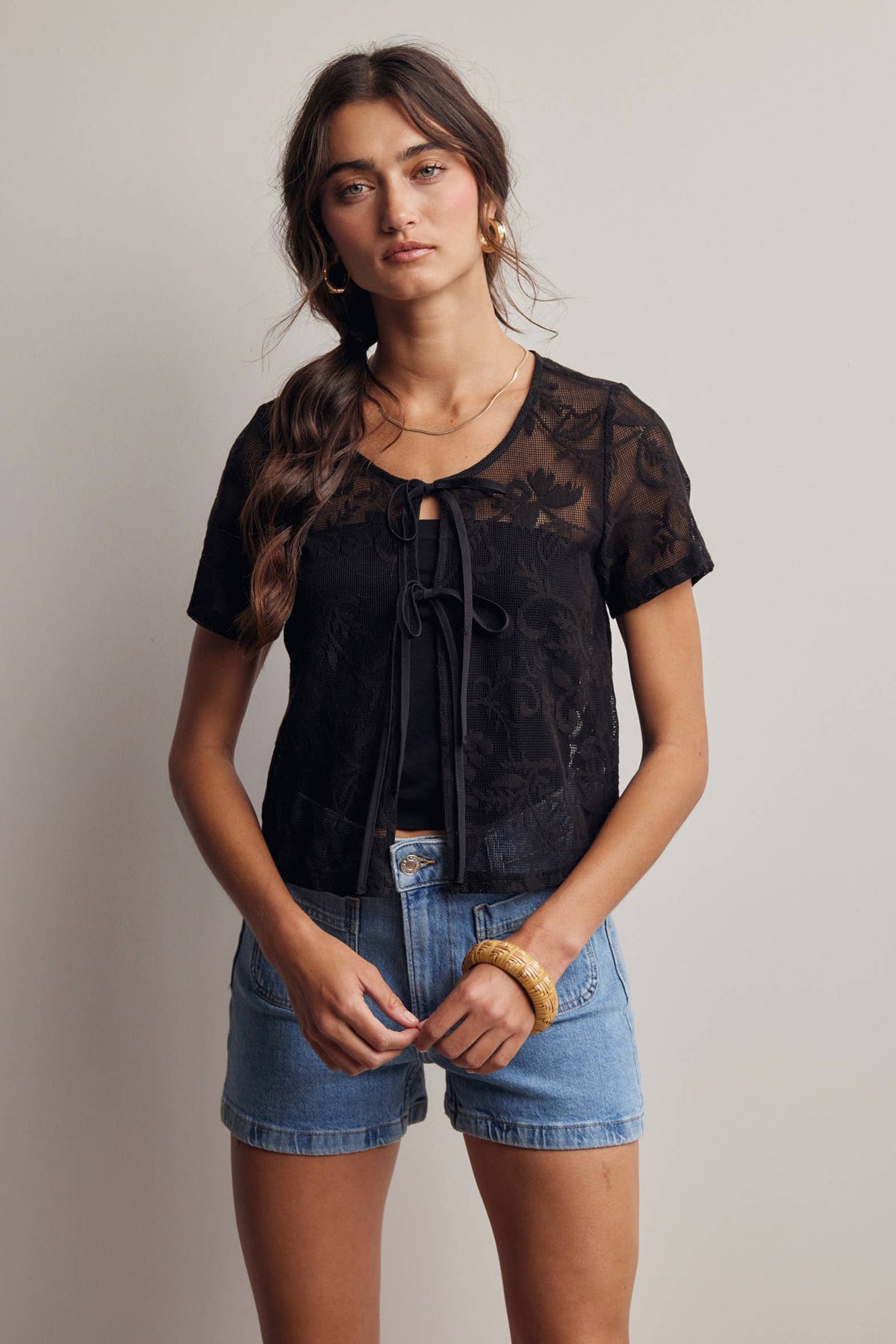 Lace Tie-Front Short Sleeve
