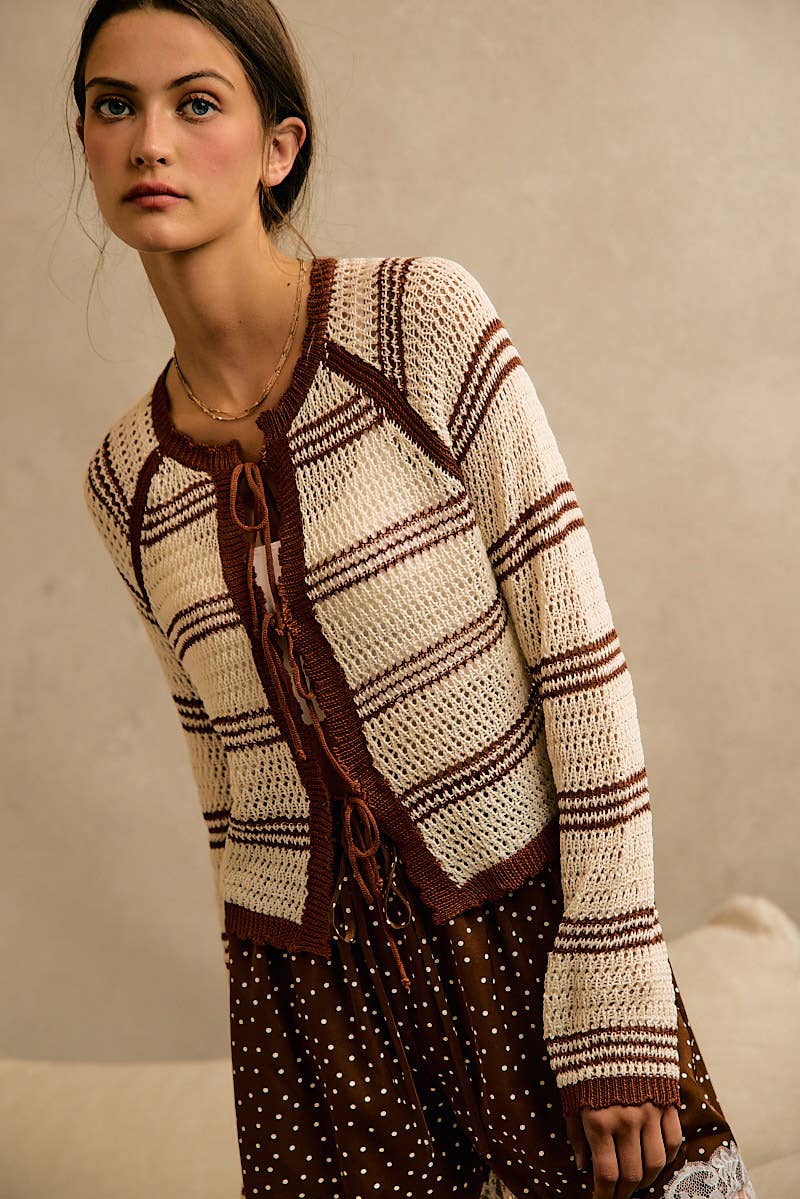 STRIPE OPEN KNIT TIE SWEATER TOP