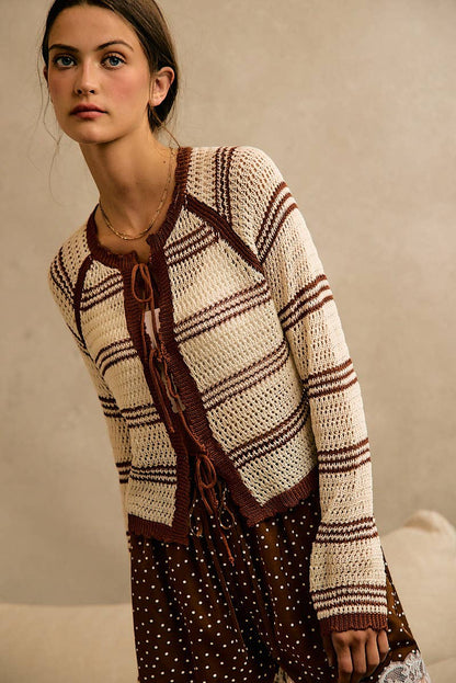 STRIPE OPEN KNIT TIE SWEATER TOP