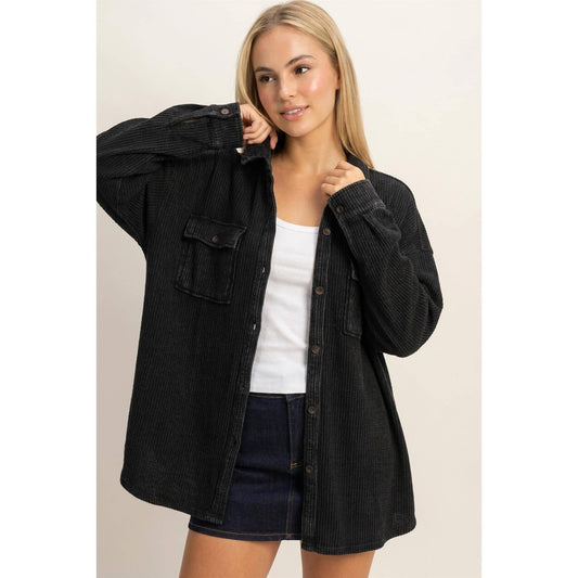 Mineral Wash Waffle Knit Button-Up Shacket