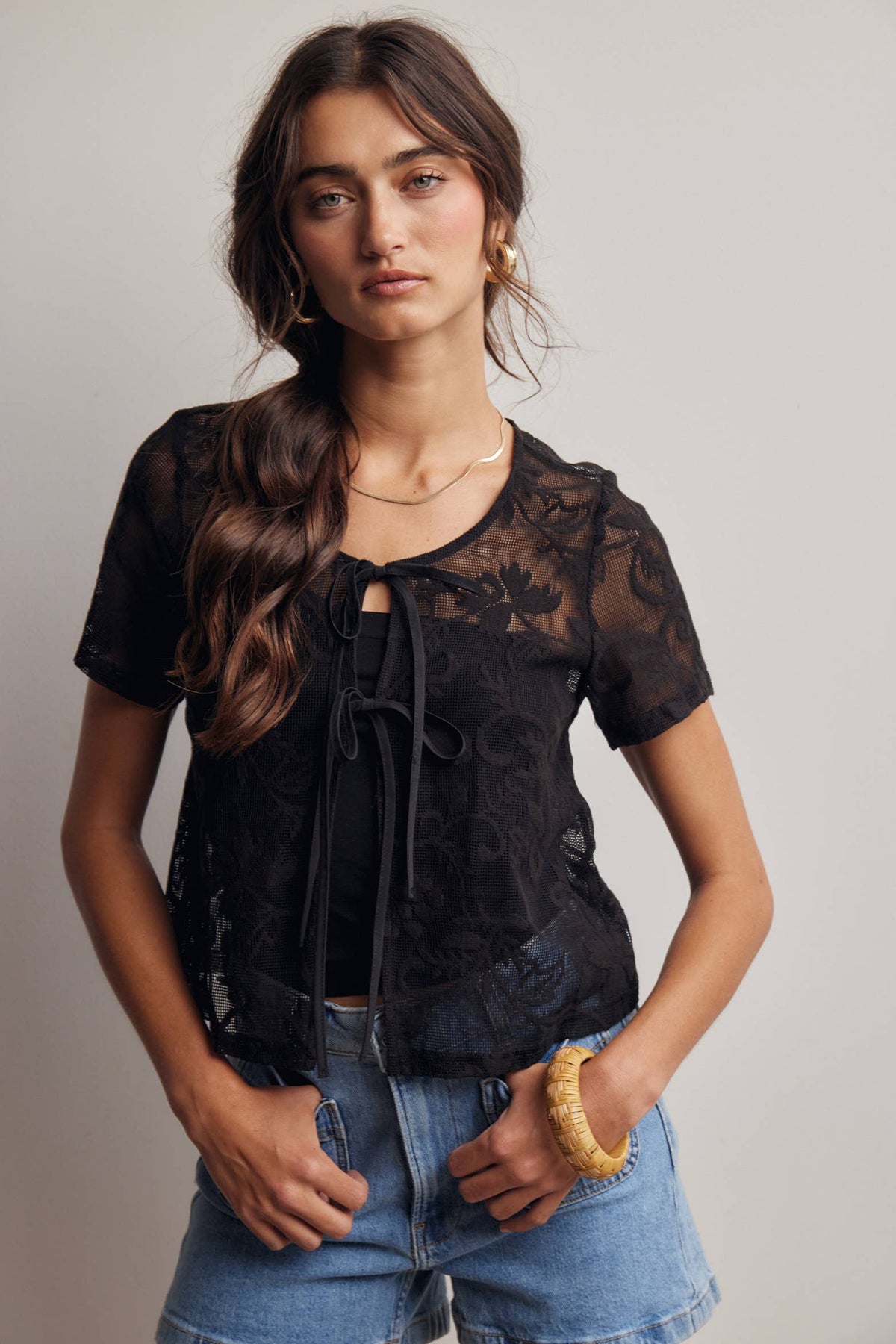 Lace Tie-Front Short Sleeve