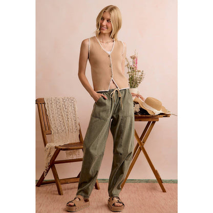 MID RISE WAIST DRAWSTRING BARREL JEANS PANTS