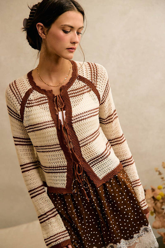 STRIPE OPEN KNIT TIE SWEATER TOP