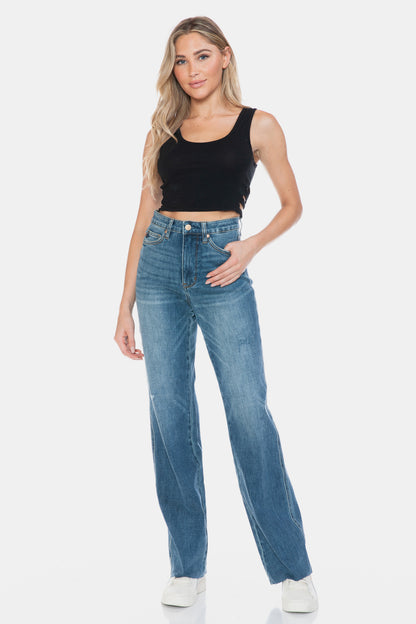 Tallie Judy Blue Full Size Tummy Control Cut Raw Hem Straight Jeans