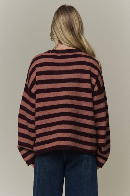 STRIPED ROLLED CREW NECK SWEATER