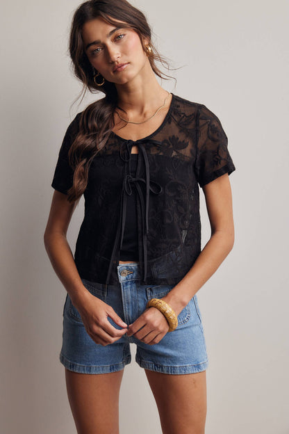 Lace Tie-Front Short Sleeve