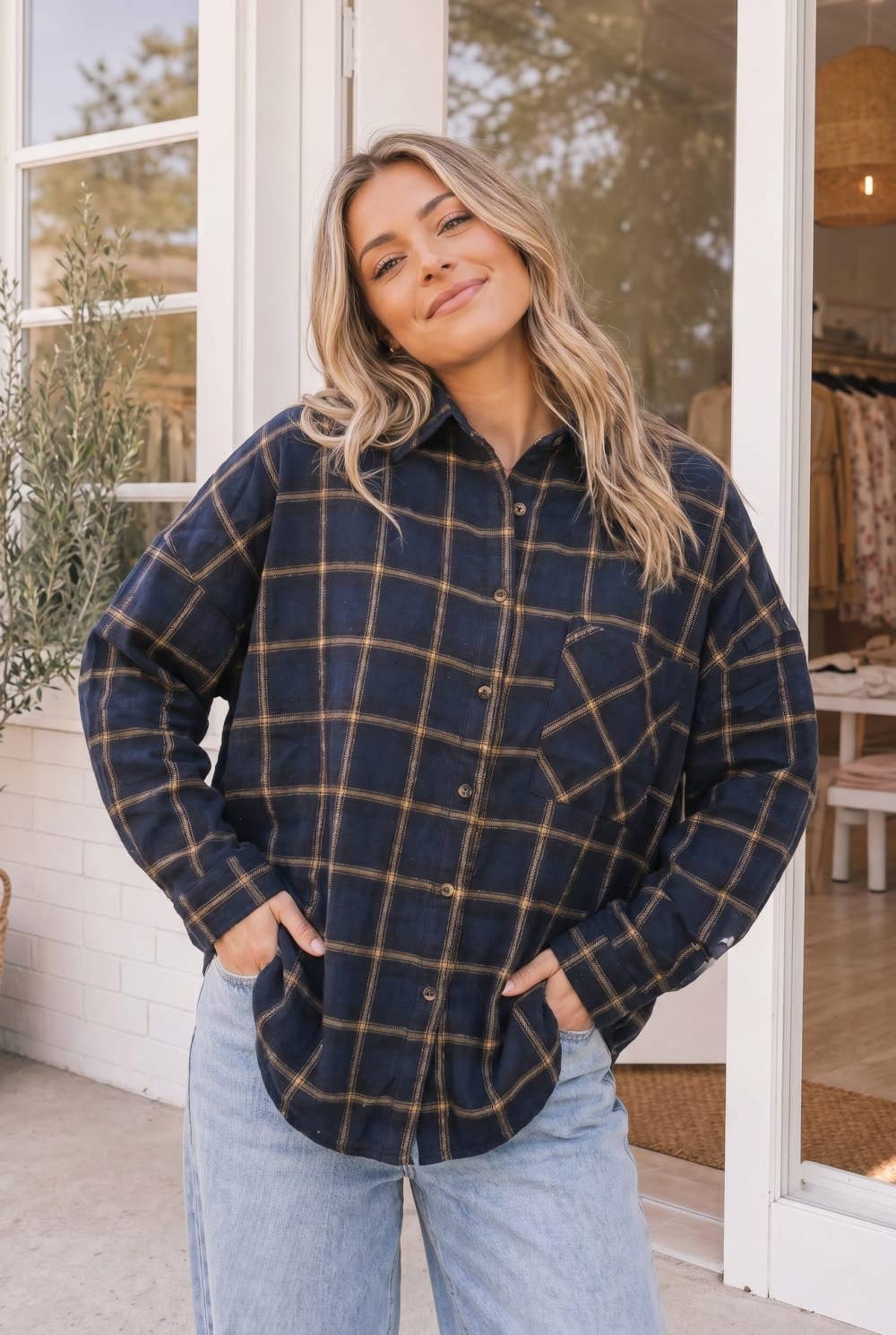Relaxed Fit Navy Plaid Button Front Shirt