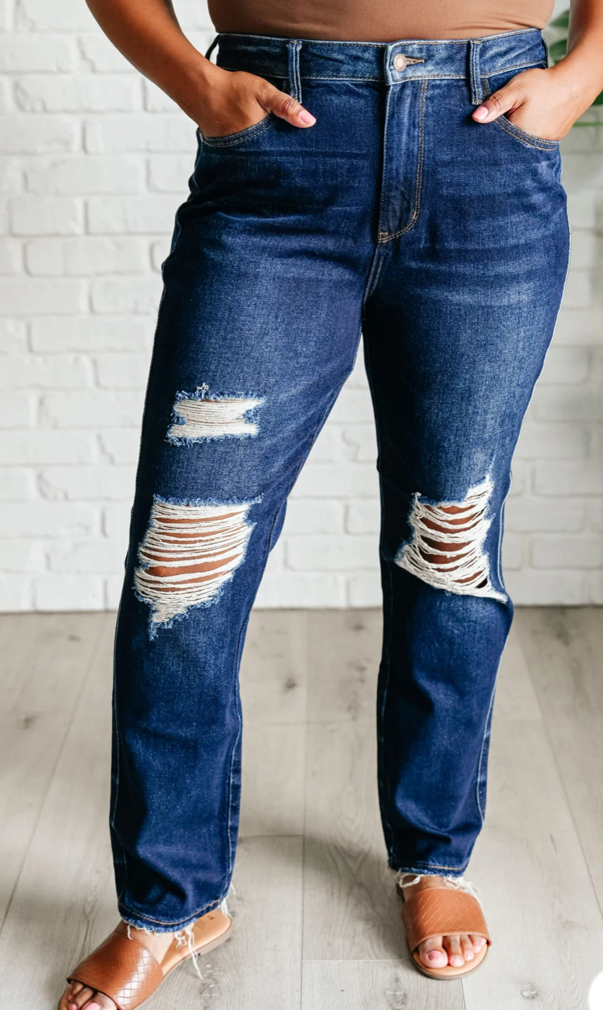 MONTANA HIGH RISE RIGID MAGIC DISTRESSED STRAIGHT JEANS