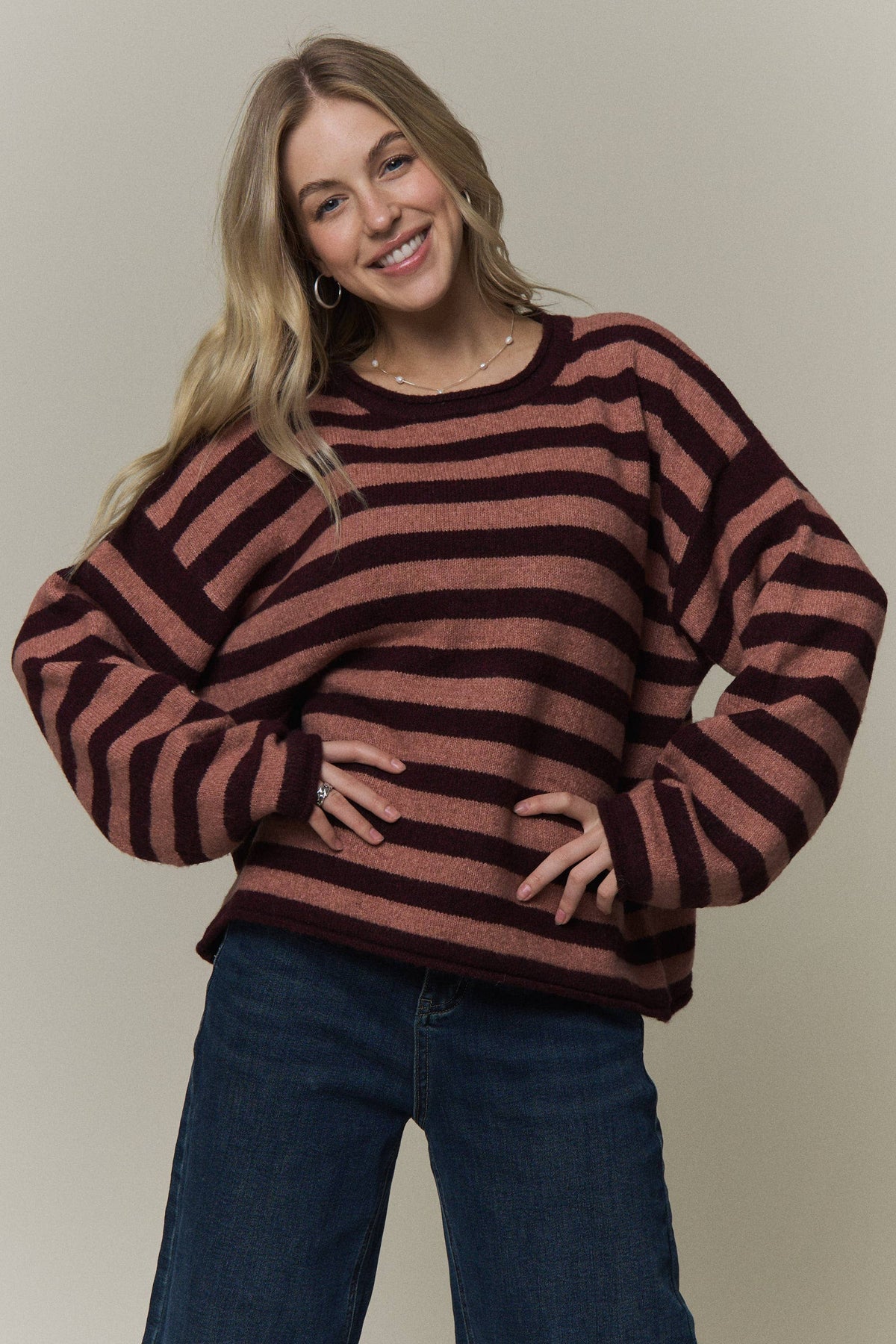 STRIPED ROLLED CREW NECK SWEATER