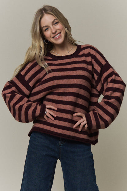 STRIPED ROLLED CREW NECK SWEATER
