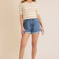 CREAM\PINK ROUND NECK STRIPE HALF SLEEVE RIBBED TOP