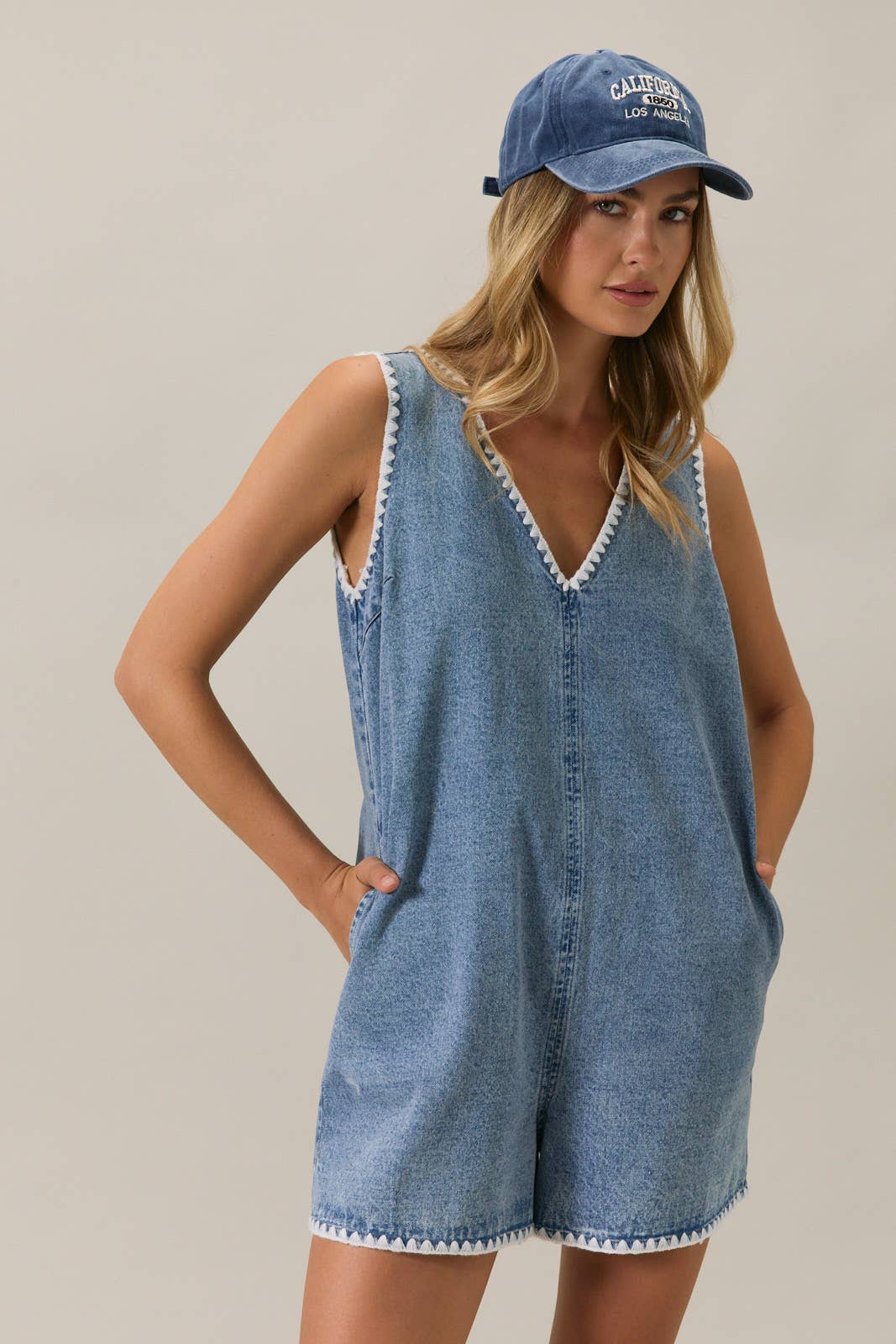 V-NECK SLEEVELESS STITCH DETAIL DENIM ROMPER