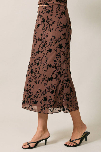 VELVET MESH FLORAL MIDI SKIRT