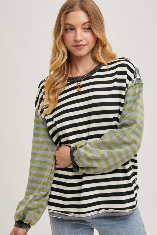 LAUREN STRIPE CONTRAST EXPOSED SEAM LOOSE FIT KNIT PULLOVER