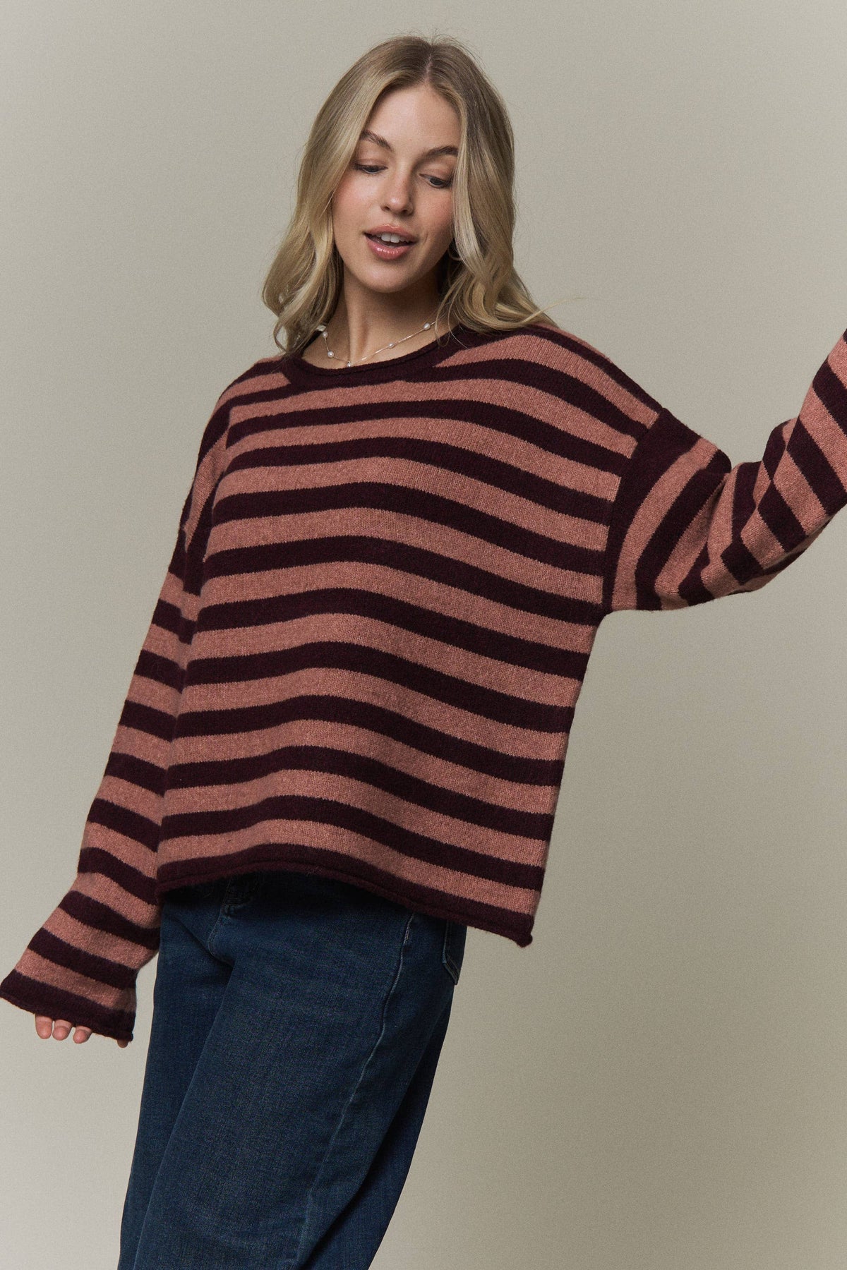 STRIPED ROLLED CREW NECK SWEATER