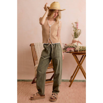 MID RISE WAIST DRAWSTRING BARREL JEANS PANTS