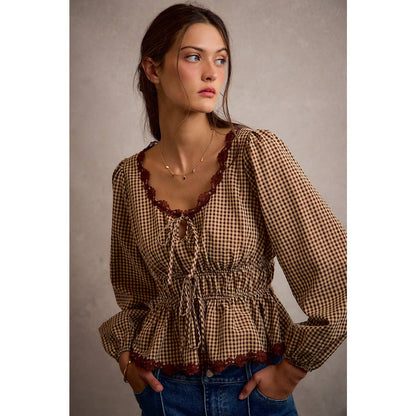 GINGHAM CHECK LACE TRIM RUCHED BODICE BLOUSE TOP