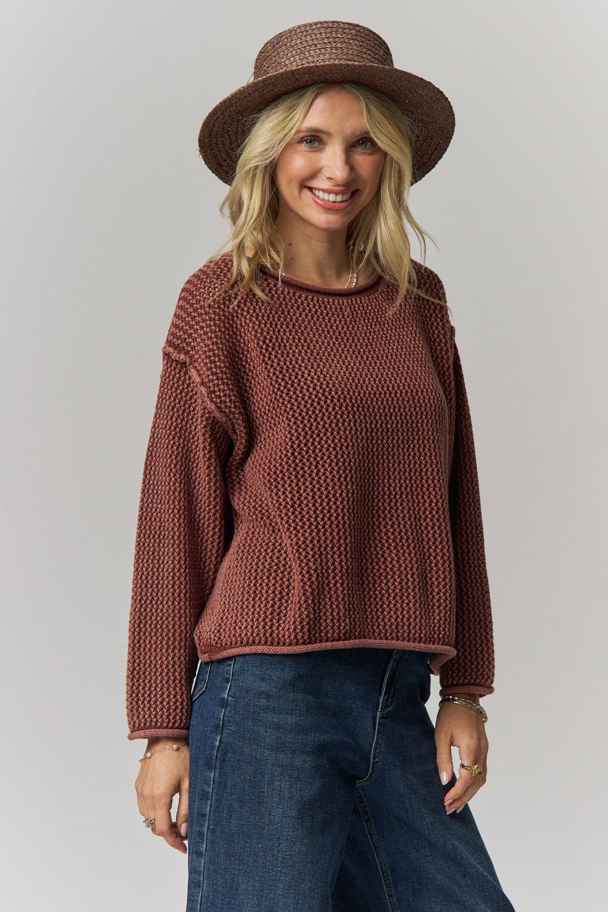 ROLLED HEM TEXTURED KNIT SWEATER