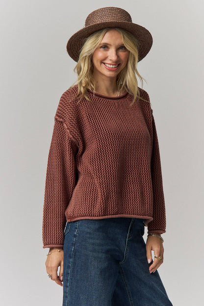 ROLLED HEM TEXTURED KNIT SWEATER