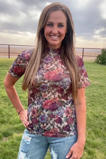 Vintage Floral Short Sleeve Mesh Top