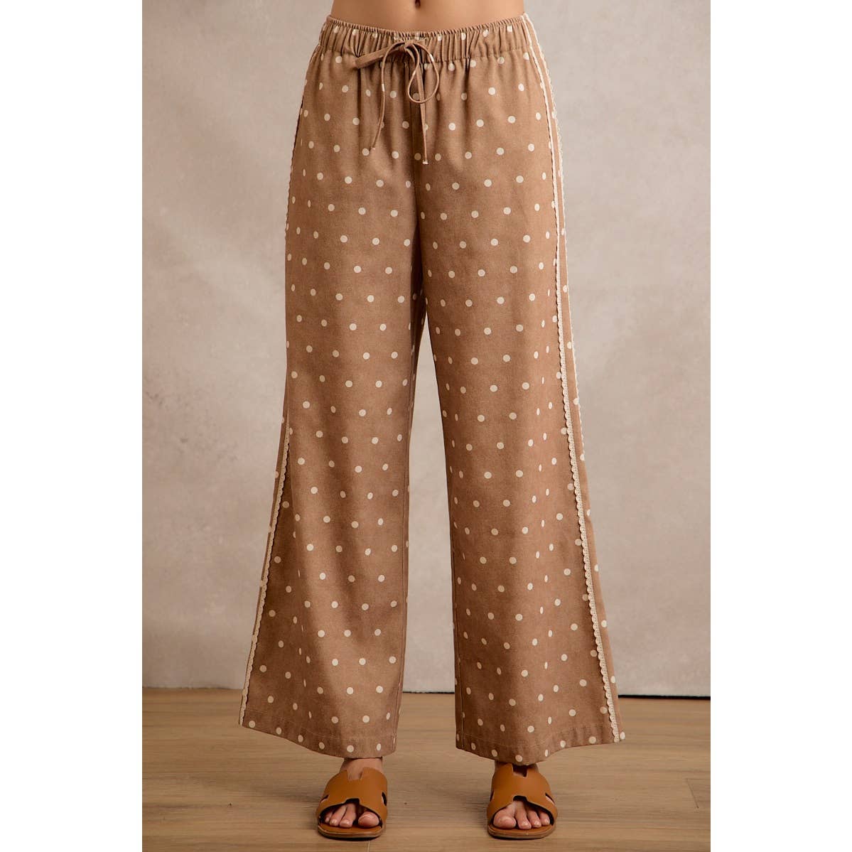 LACE SIDE TRIM POLKA DOT MID RISE WIDE LEG PANTS