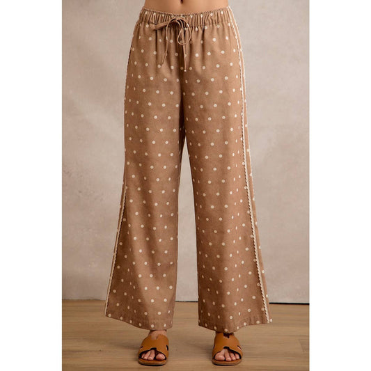 LACE SIDE TRIM POLKA DOT MID RISE WIDE LEG PANTS