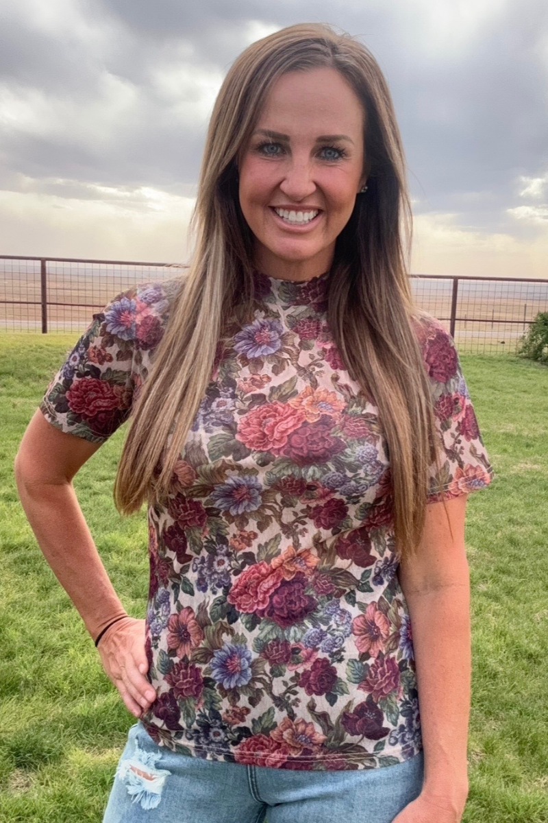 Vintage Floral Short Sleeve Mesh Top