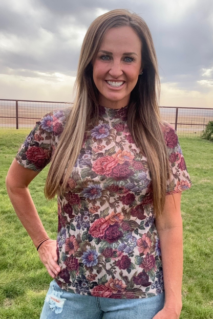 Vintage Floral Short Sleeve Mesh Top