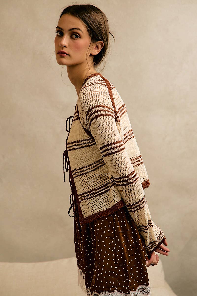 STRIPE OPEN KNIT TIE SWEATER TOP
