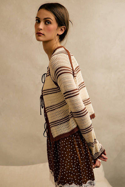 STRIPE OPEN KNIT TIE SWEATER TOP