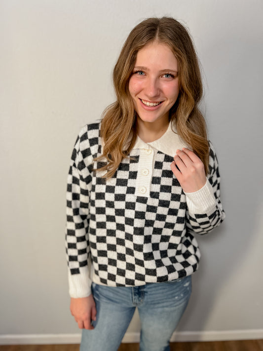 PLAID HALF BUTTONED COLLARED SWEATER - CHARCOAL