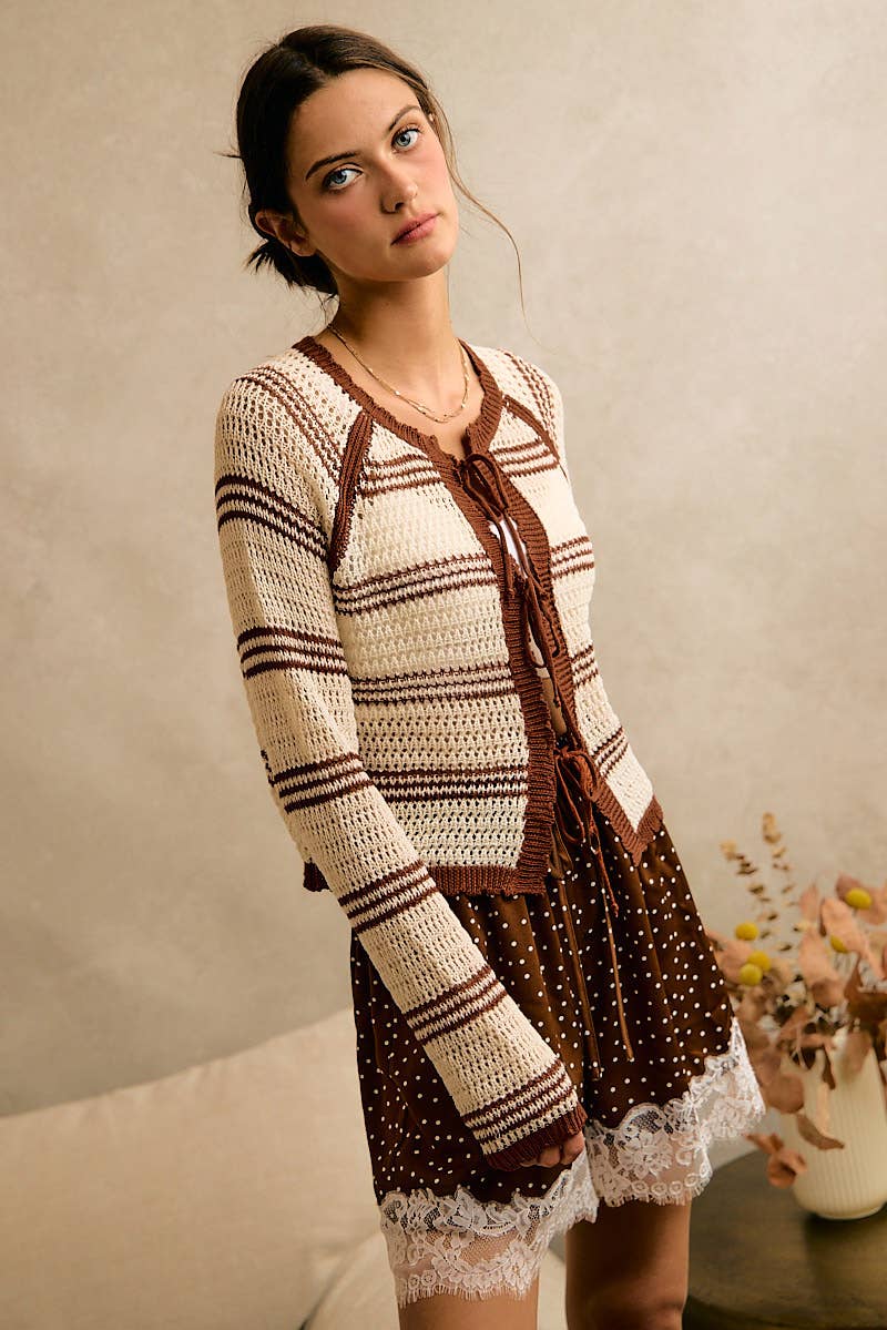 STRIPE OPEN KNIT TIE SWEATER TOP