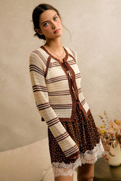 STRIPE OPEN KNIT TIE SWEATER TOP