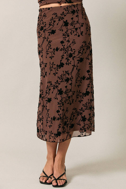 VELVET MESH FLORAL MIDI SKIRT