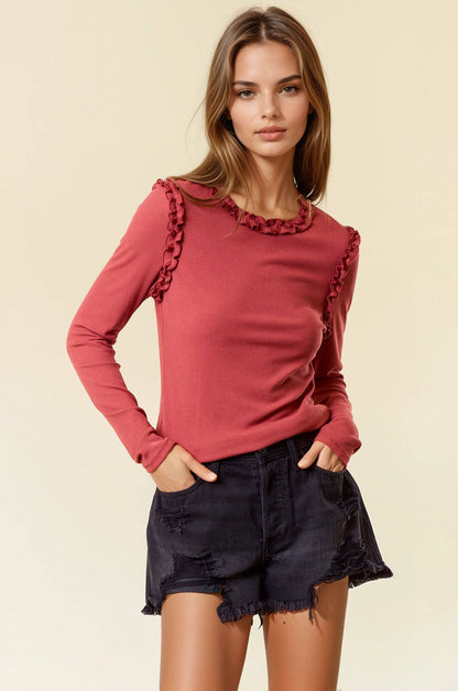 JILLIAN Soft Ribbed Ruffle Long Sleeve