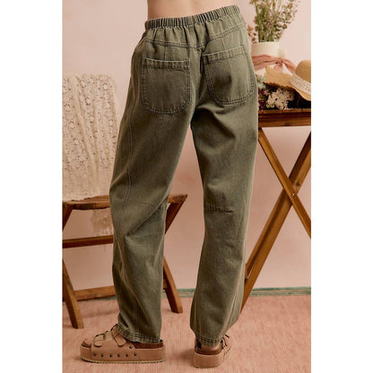 MID RISE WAIST DRAWSTRING BARREL JEANS PANTS