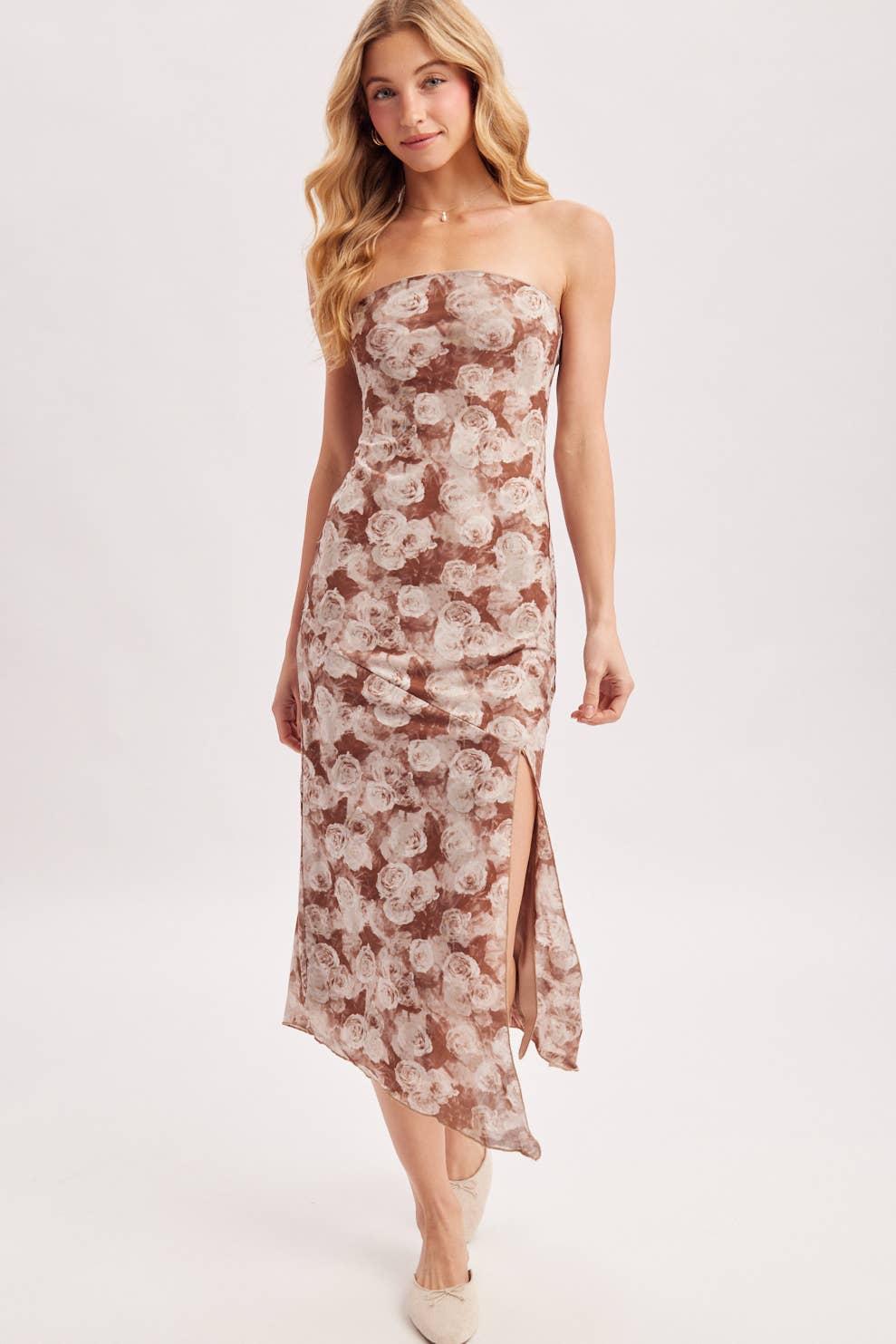 MOCHA ROSE STRAPLESS MIDI DRESS