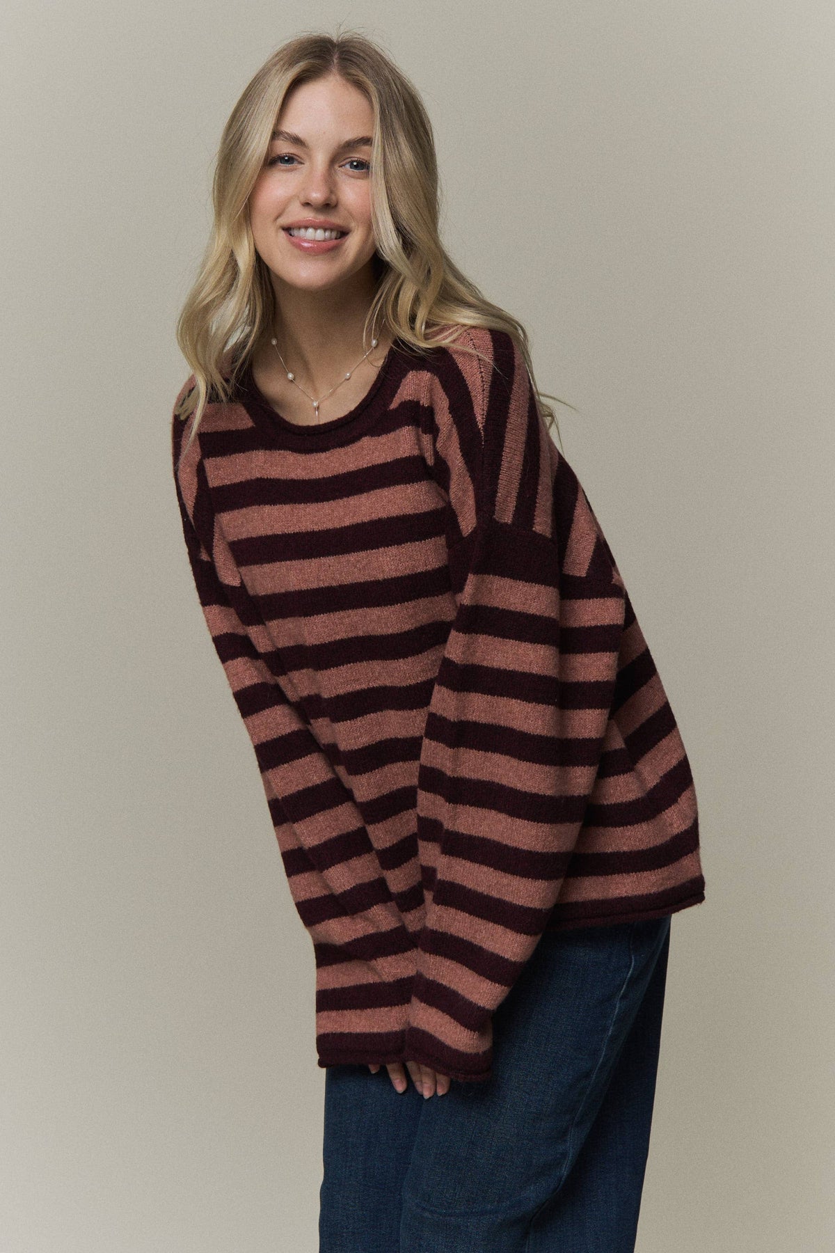 STRIPED ROLLED CREW NECK SWEATER