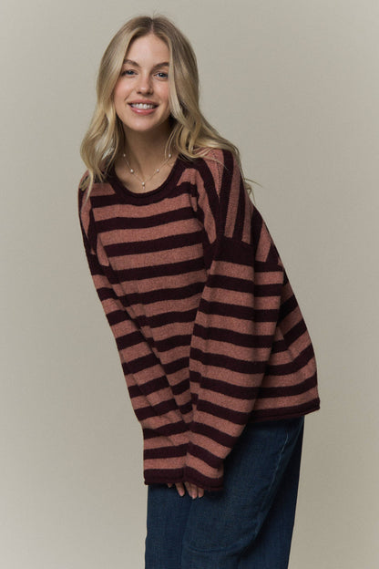 STRIPED ROLLED CREW NECK SWEATER