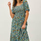 FLORAL PRINT SMOCKED BODICE TIERED MIDI DRESS