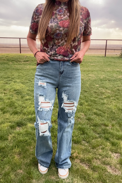 Vintage Floral Short Sleeve Mesh Top