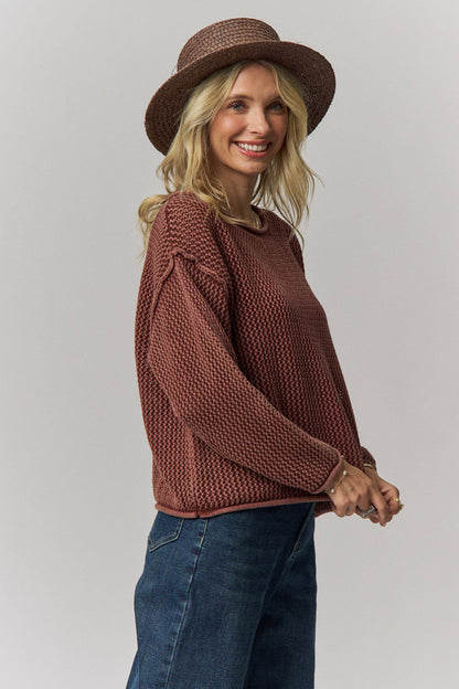 ROLLED HEM TEXTURED KNIT SWEATER