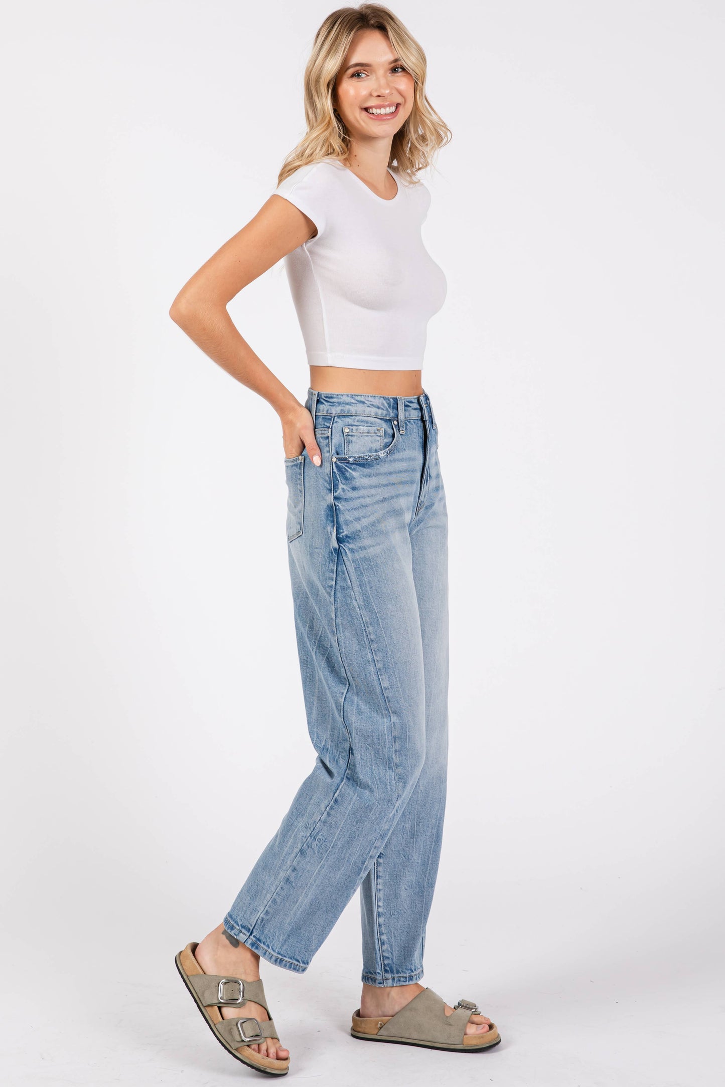 HARPER SIDE SEAM DETAILING HIGH RISE COMFORT BARREL JEANS