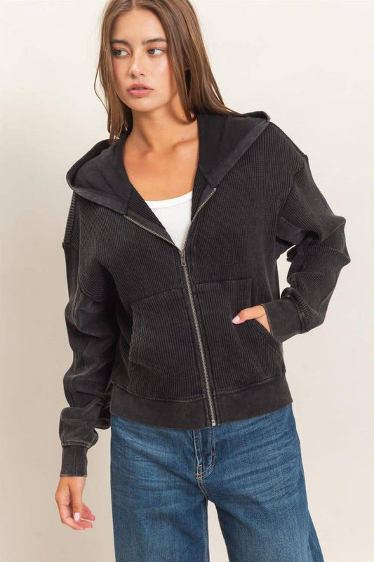 Acid Wash Waffle Knit Zip-up Hoodie