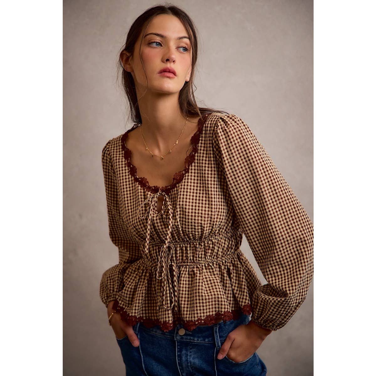 GINGHAM CHECK LACE TRIM RUCHED BODICE BLOUSE TOP