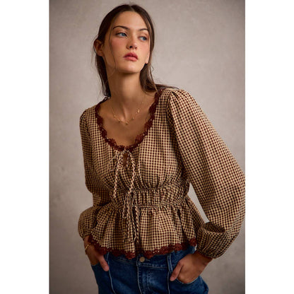 GINGHAM CHECK LACE TRIM RUCHED BODICE BLOUSE TOP