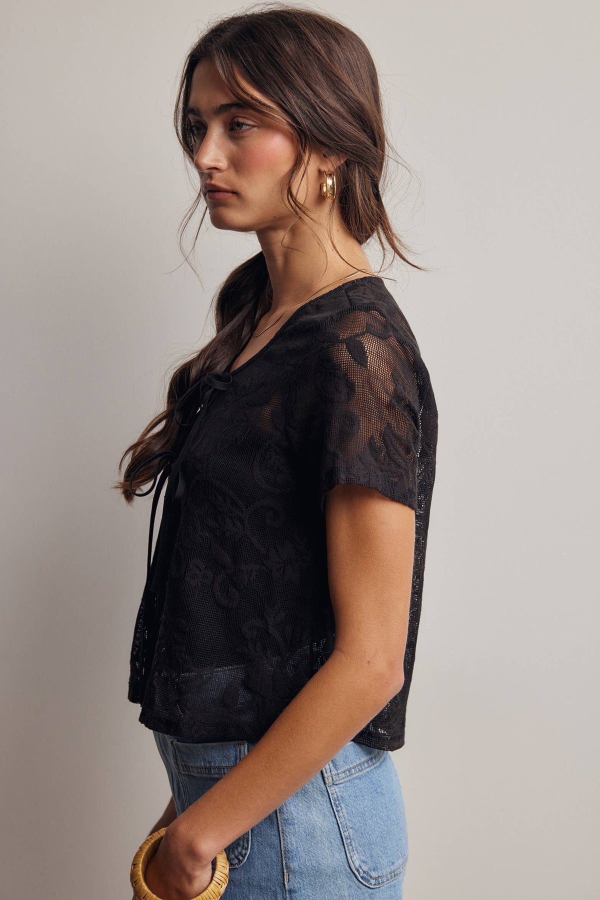 Lace Tie-Front Short Sleeve