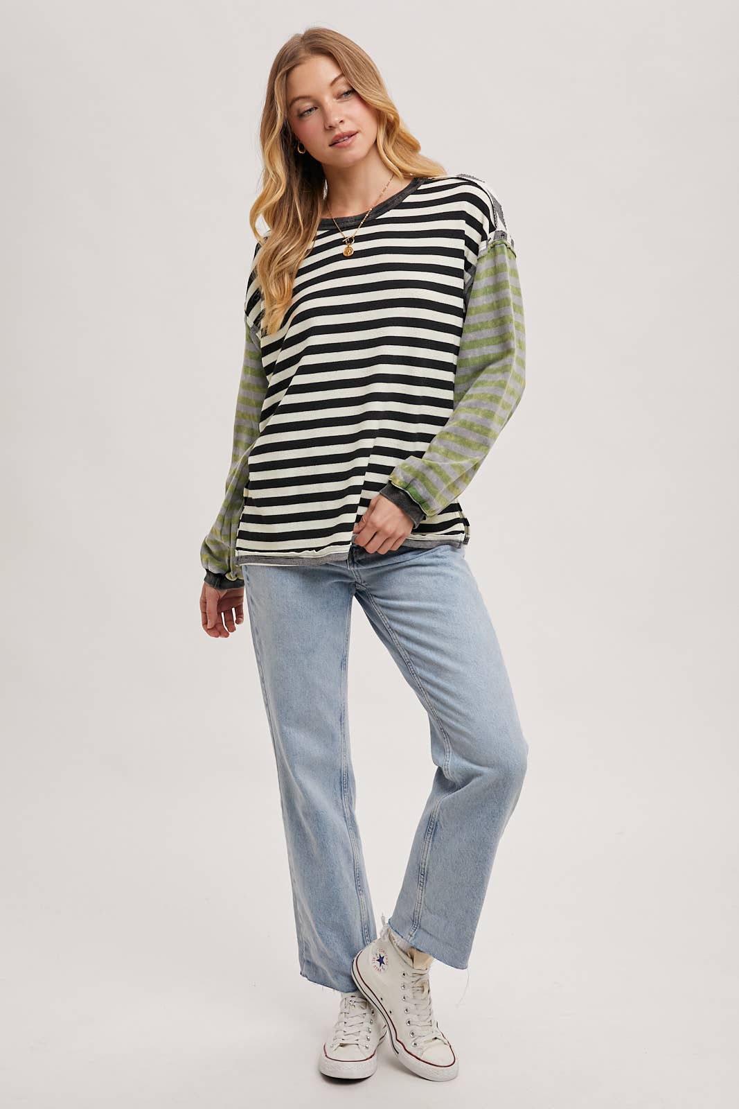 LAUREN STRIPE CONTRAST EXPOSED SEAM LOOSE FIT KNIT PULLOVER