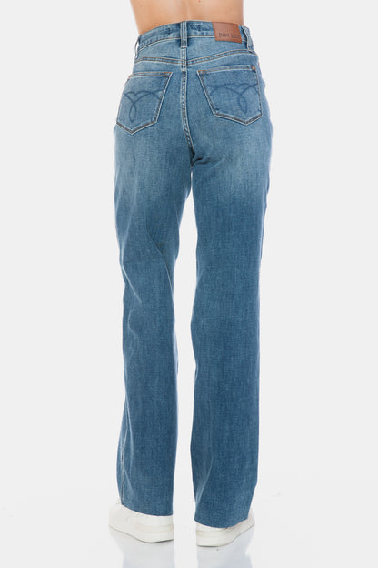 Tallie Judy Blue Full Size Tummy Control Cut Raw Hem Straight Jeans